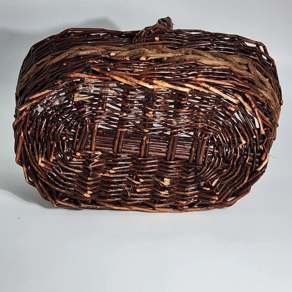 VTG Large Woven Rattan Twig Stick Gathering Basket with Handle Two Toned Brown